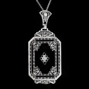 Mid Century Diamond and Onyx Filigree Pendant