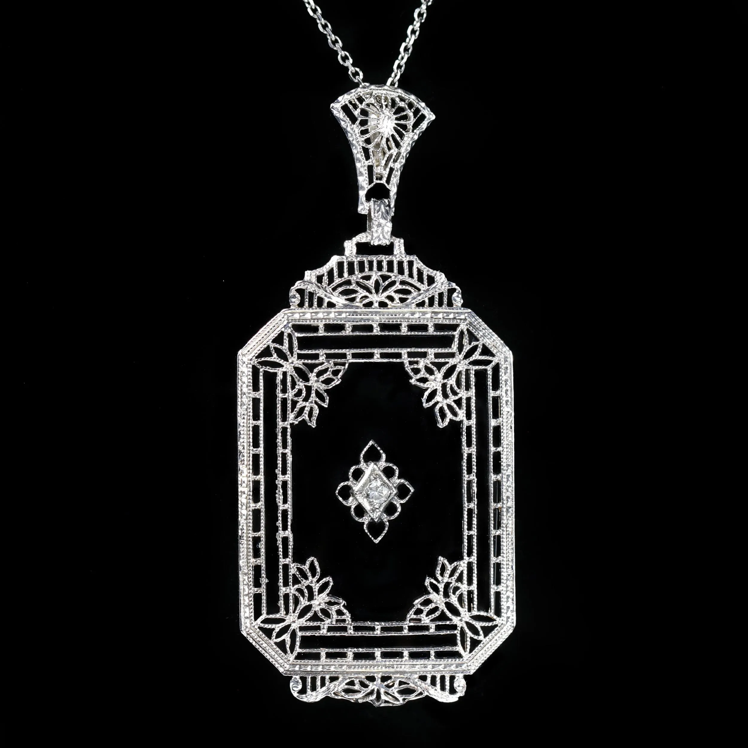 Mid Century Diamond and Onyx Filigree Pendant