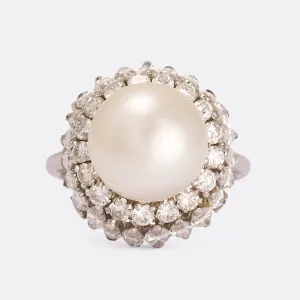 Mid-Century Pearl & Diamond Cocktail Ring