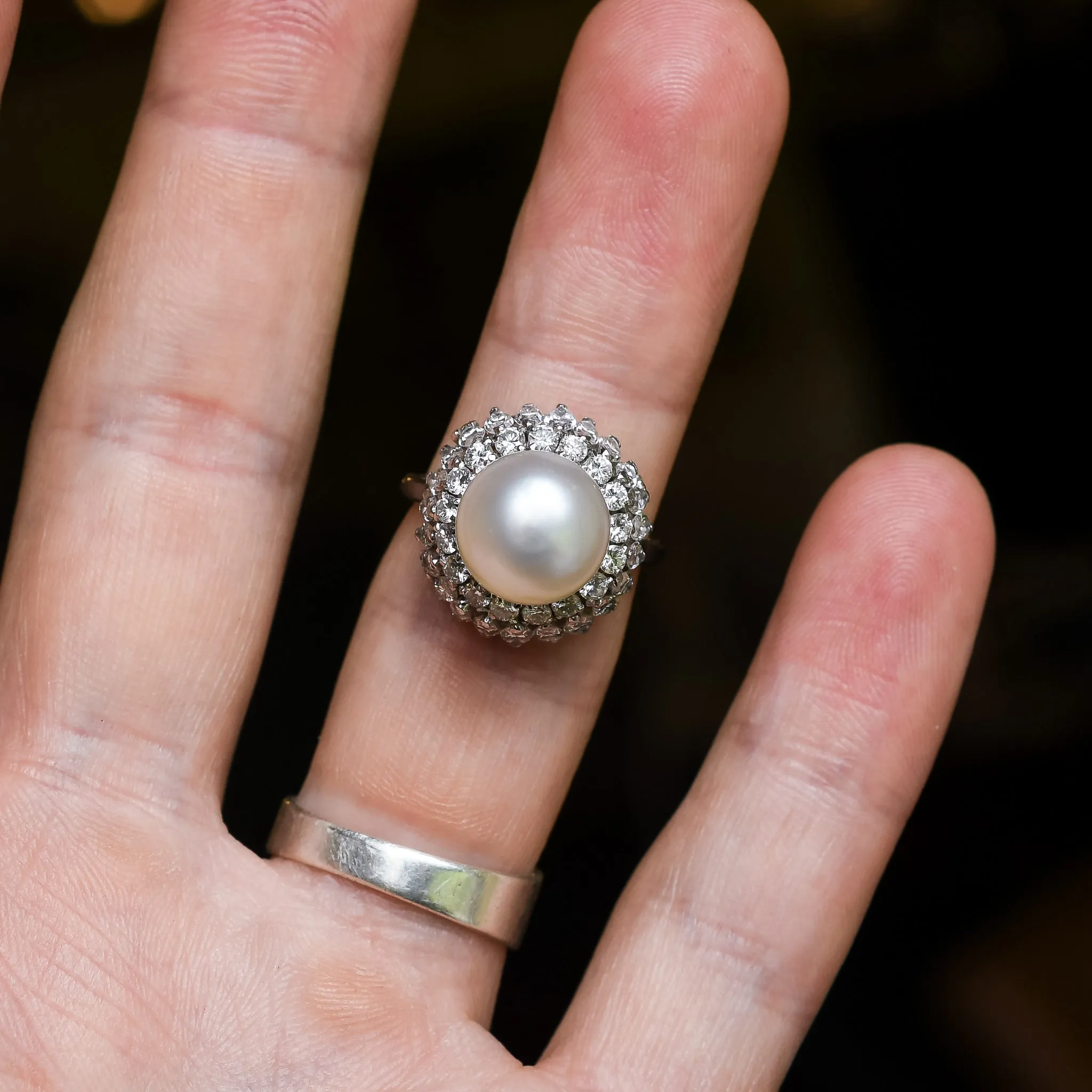 Mid-Century Pearl & Diamond Cocktail Ring