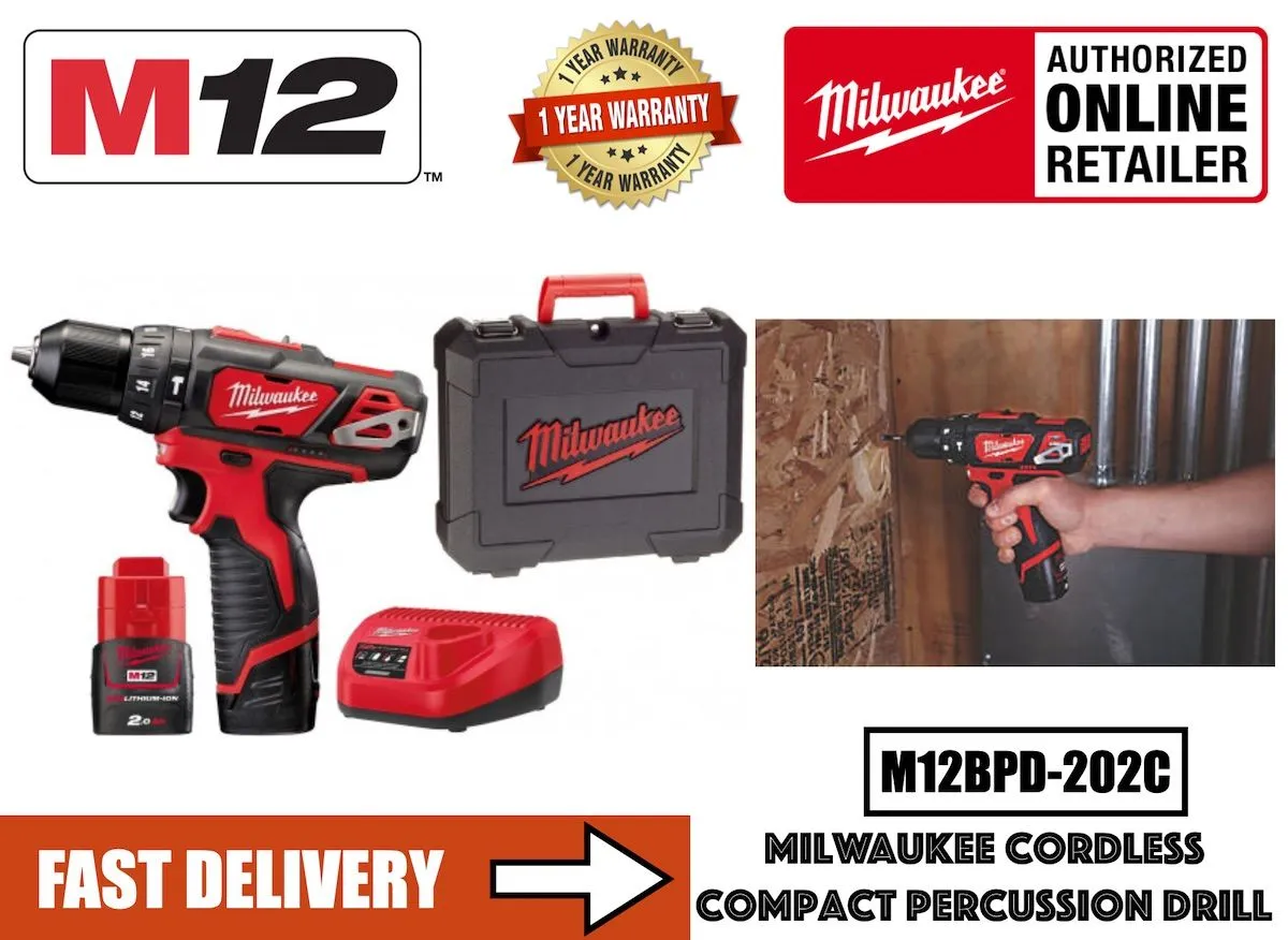 Milwaukee M12BPD Cordless 12V 2 Speed Sub Compact Percussion Hammer Drill