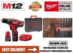 Milwaukee M12BPD Cordless 12V 2 Speed Sub Compact Percussion Hammer Drill