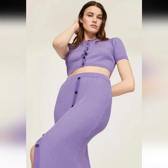 Nadaam Purple Ribbed Wool Cardigan Skirt Set Size S