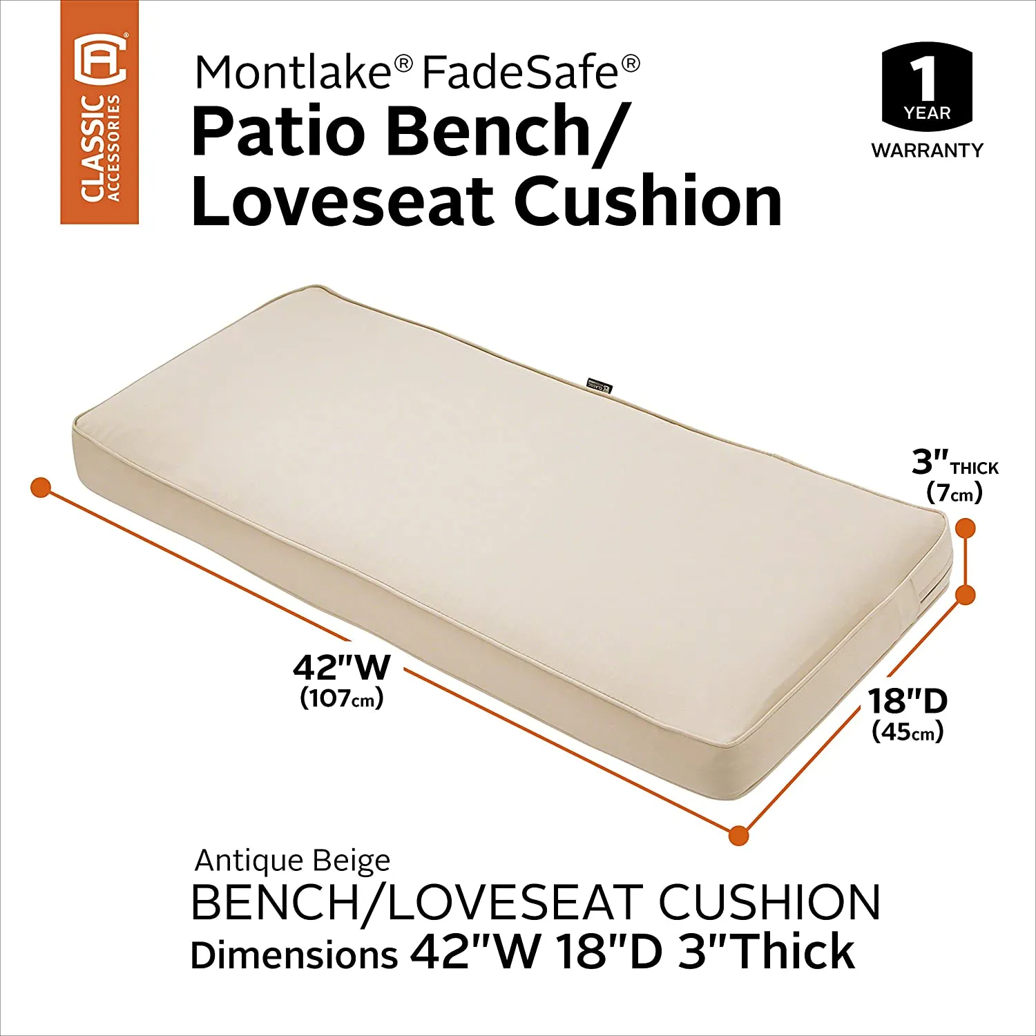 New Classic Accessories Montlake 42 Inch Bench Cushion Foam & Slip Cover, Antique Beige, 42x18x3 Thick! Retails $125 W/Tax!