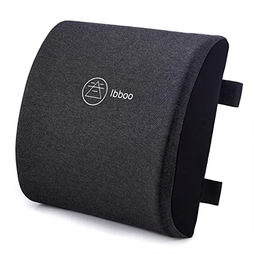 New Ibboo Lumbar Support Pillow, Ergonomic Lower Back Support Cushion with Double Straps, Upgraded 100% Memory Foam Pain Relief Lumbar Pillow with One Extra Changeable Mesh Cover for Office Chair, Car, Couch, Bed - Black & Grey