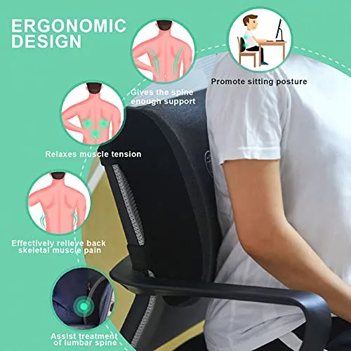 New Ibboo Lumbar Support Pillow, Ergonomic Lower Back Support Cushion with Double Straps, Upgraded 100% Memory Foam Pain Relief Lumbar Pillow with One Extra Changeable Mesh Cover for Office Chair, Car, Couch, Bed - Black & Grey