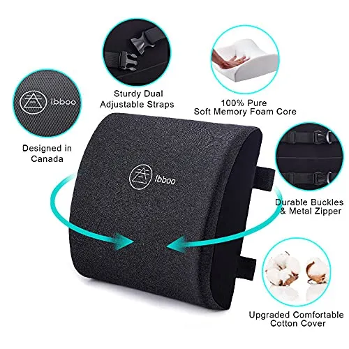 New Ibboo Lumbar Support Pillow, Ergonomic Lower Back Support Cushion with Double Straps, Upgraded 100% Memory Foam Pain Relief Lumbar Pillow with One Extra Changeable Mesh Cover for Office Chair, Car, Couch, Bed - Black & Grey