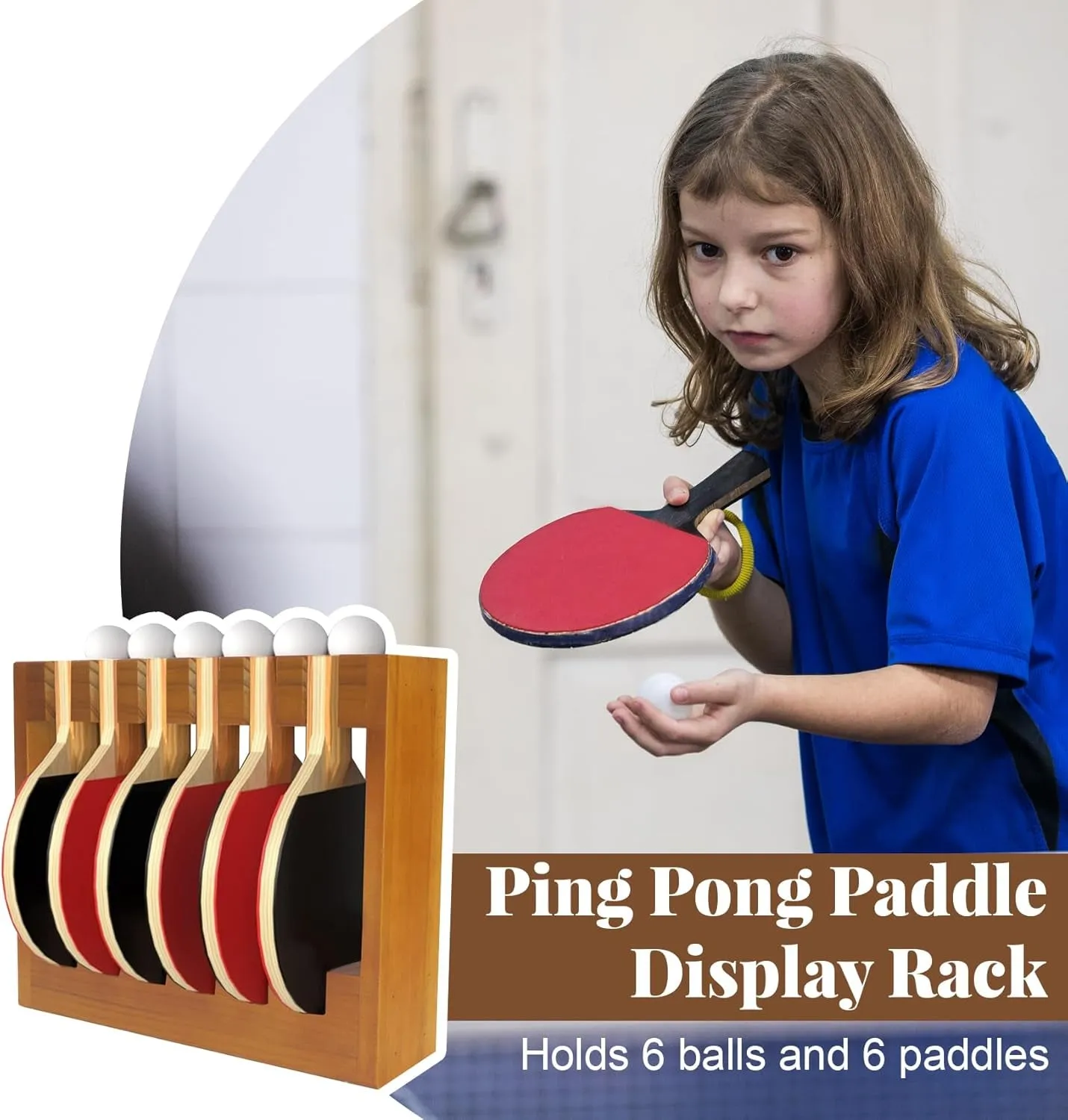 Ping Pong Paddle Holder - Table Tennis Racket Display Wall Mount Storage Rack Holds 6 Paddles and Balls - Accessories Organizer for Bar Room, Game Room, Office, Garage