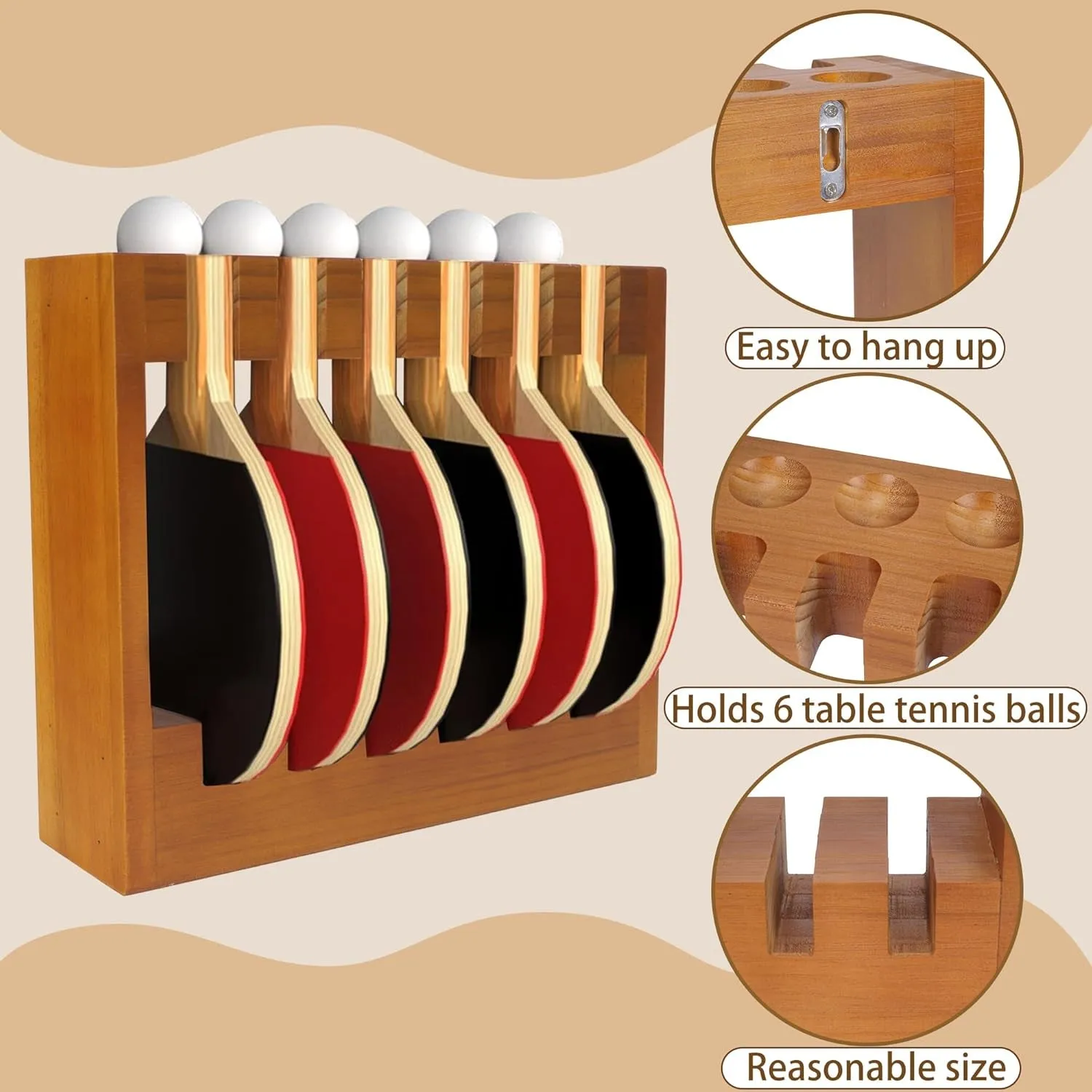 Ping Pong Paddle Holder - Table Tennis Racket Display Wall Mount Storage Rack Holds 6 Paddles and Balls - Accessories Organizer for Bar Room, Game Room, Office, Garage
