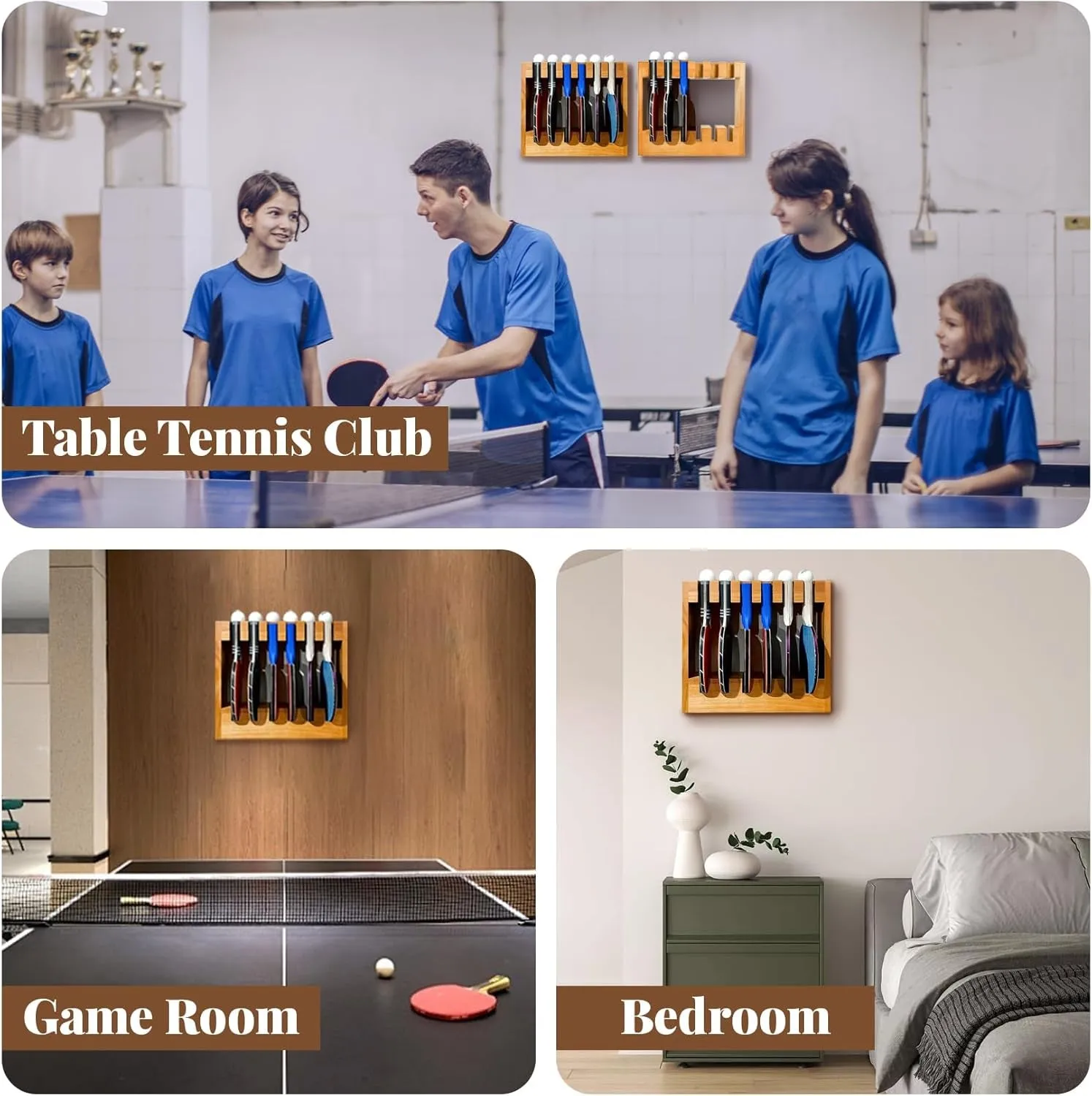 Ping Pong Paddle Holder - Table Tennis Racket Display Wall Mount Storage Rack Holds 6 Paddles and Balls - Accessories Organizer for Bar Room, Game Room, Office, Garage