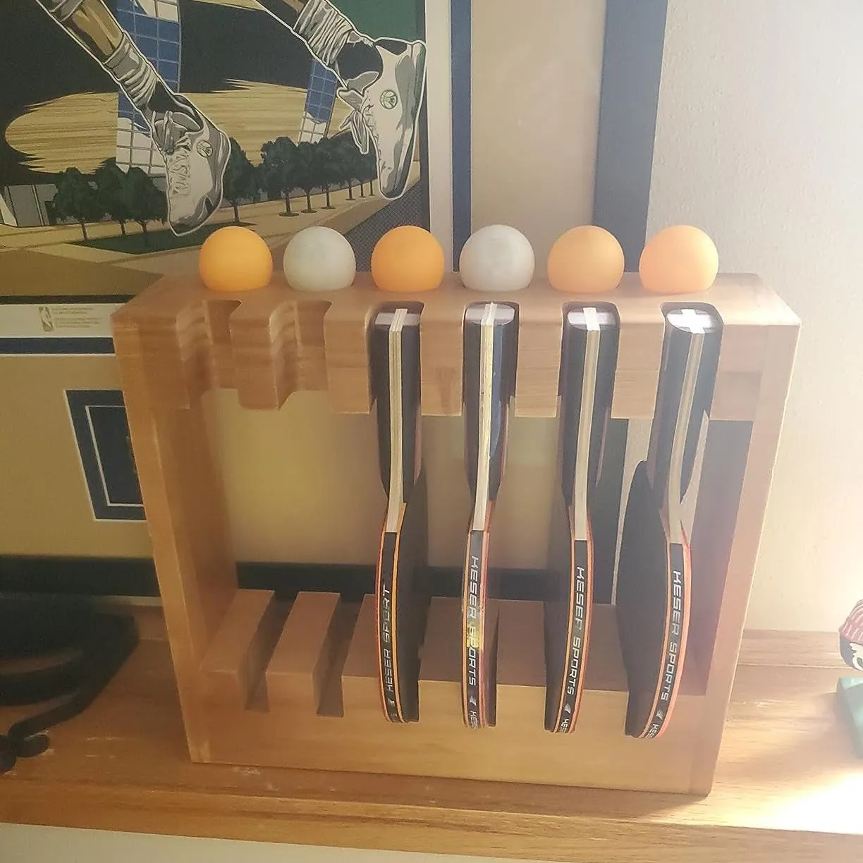 Ping Pong Paddle Holder - Table Tennis Racket Display Wall Mount Storage Rack Holds 6 Paddles and Balls - Accessories Organizer for Bar Room, Game Room, Office, Garage
