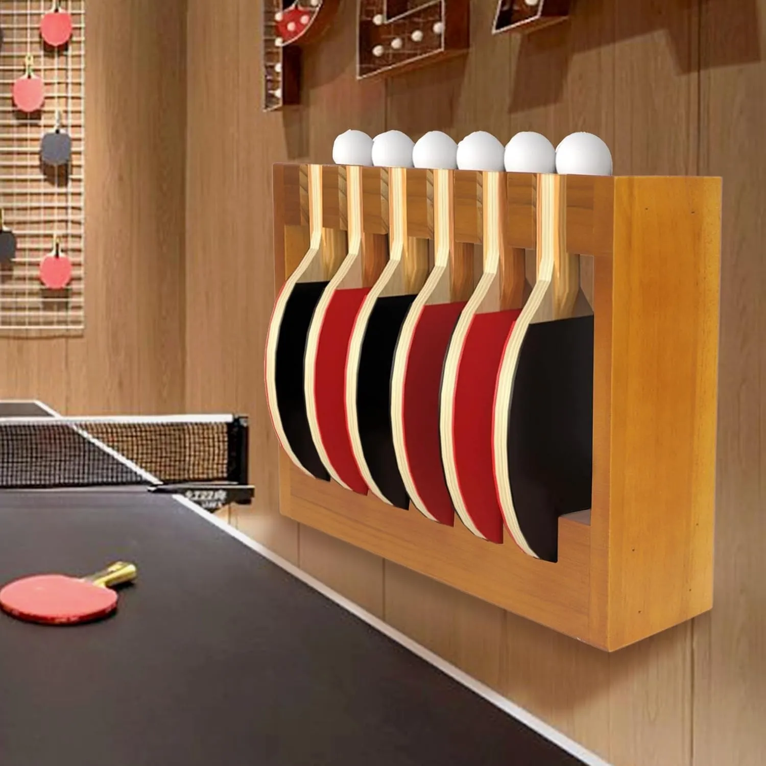 Ping Pong Paddle Holder - Table Tennis Racket Display Wall Mount Storage Rack Holds 6 Paddles and Balls - Accessories Organizer for Bar Room, Game Room, Office, Garage