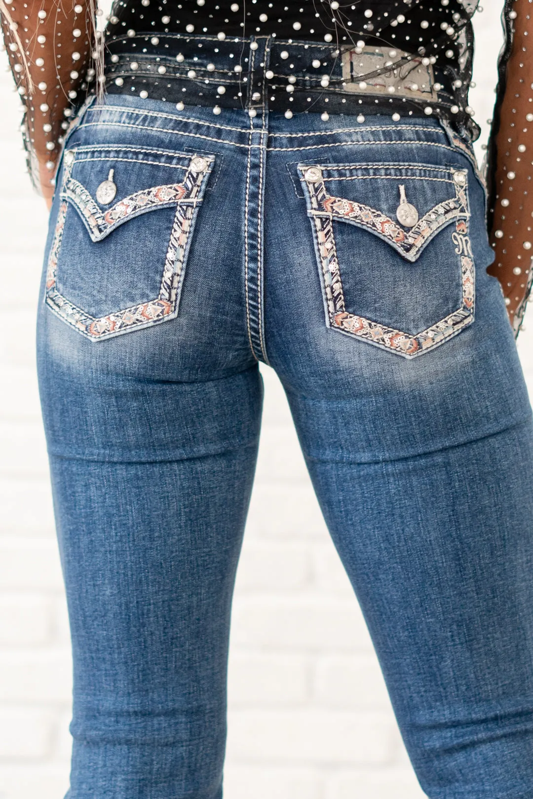 Pink Border Stitched Mid Rise Boot Cut