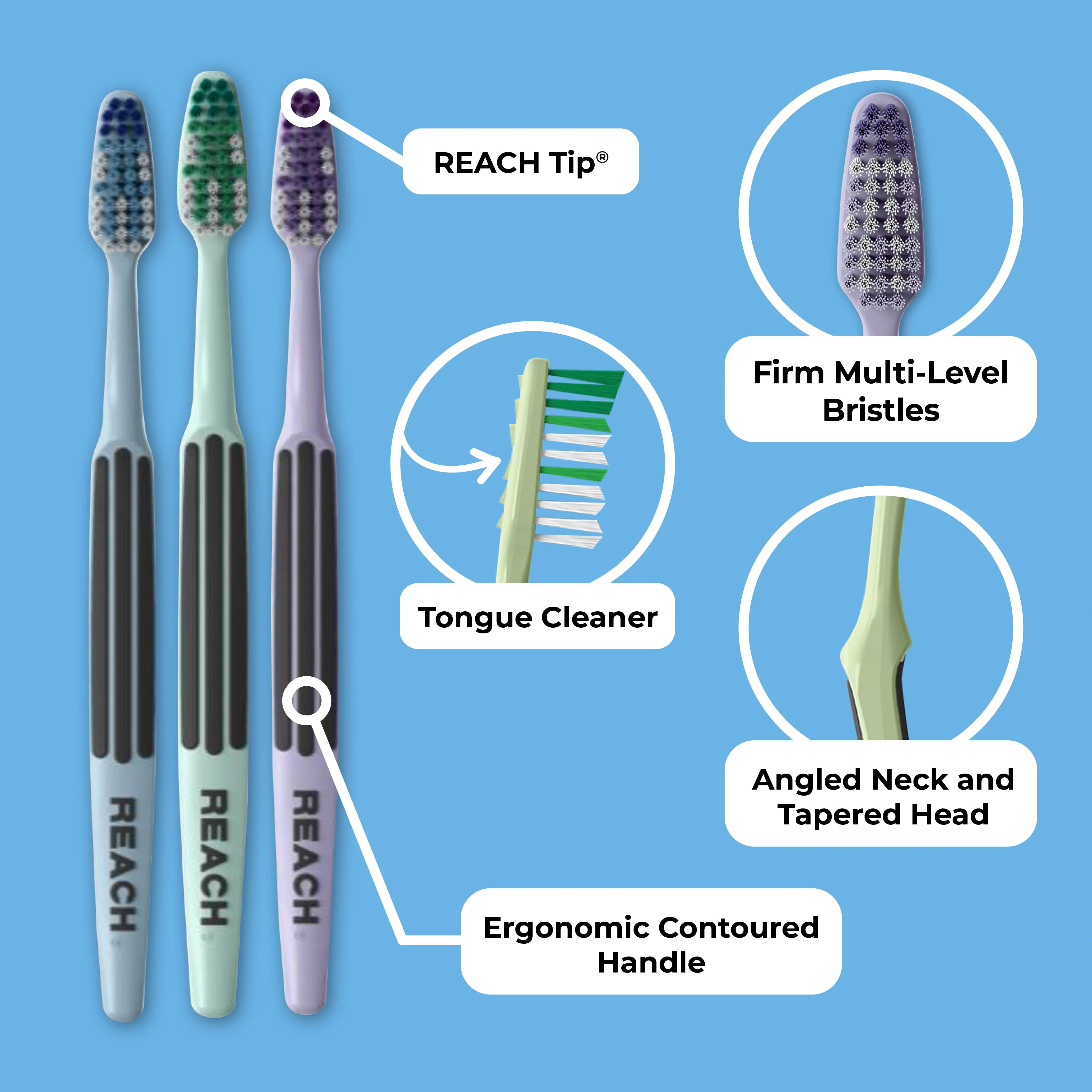Reach Advanced Design Toothbrush, Firm Bristles, 6 Count Value Pack, Ergonomic