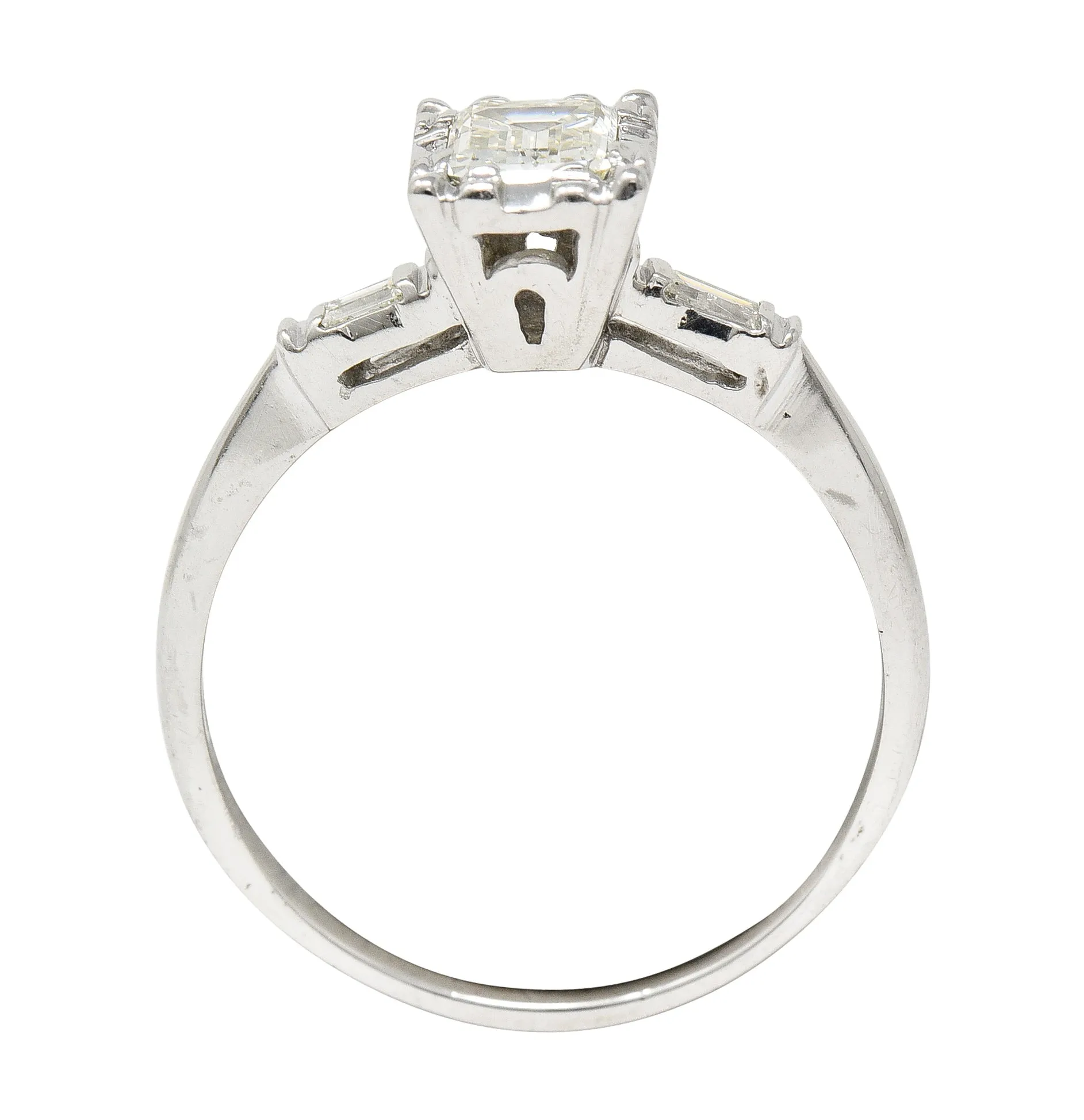 S. Wechter Co. Mid-Century 0.62 CTW Emerald Cut Diamond 14 Karat White Gold Three Stone Vintage Engagement Ring