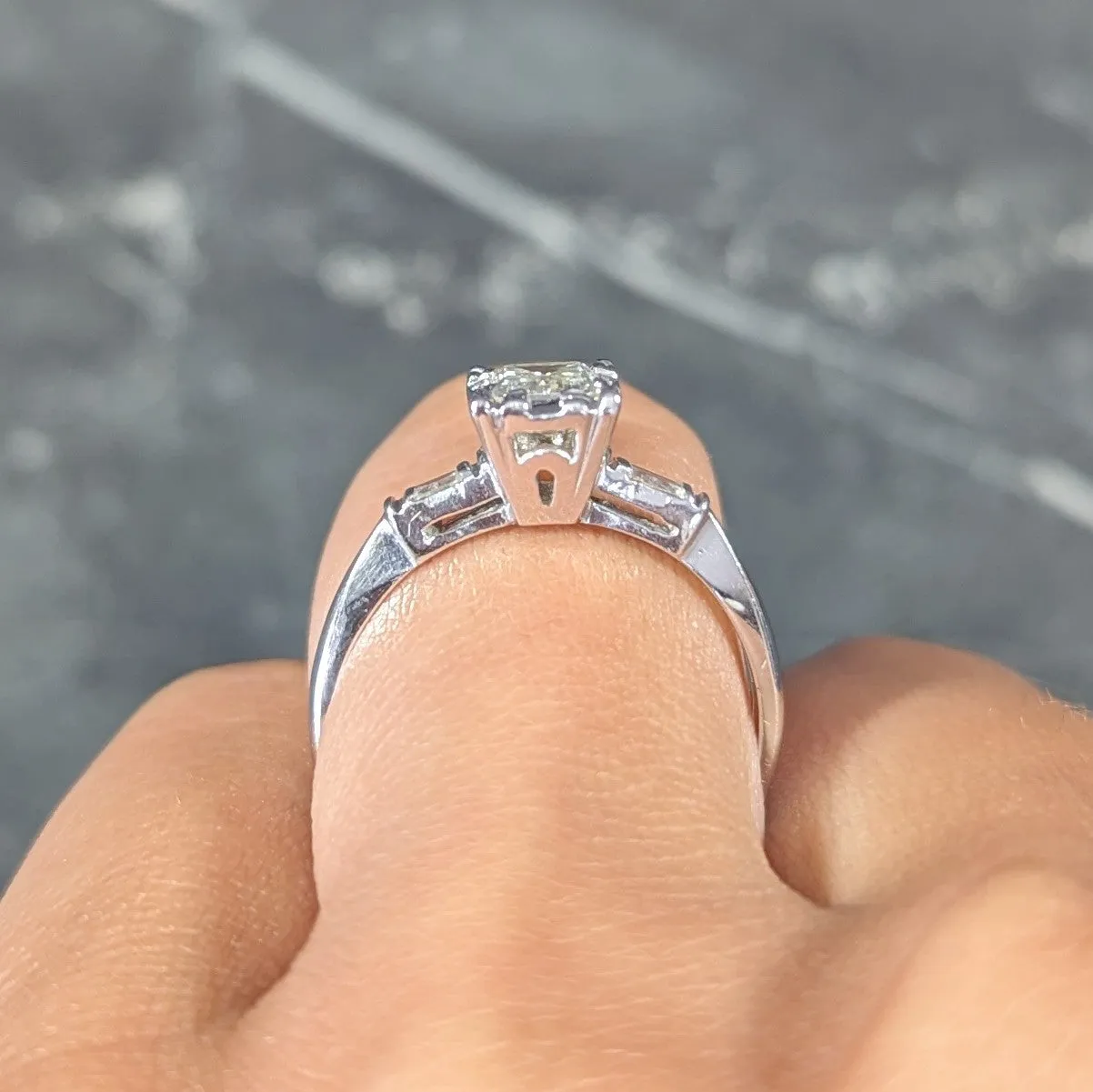 S. Wechter Co. Mid-Century 0.62 CTW Emerald Cut Diamond 14 Karat White Gold Three Stone Vintage Engagement Ring