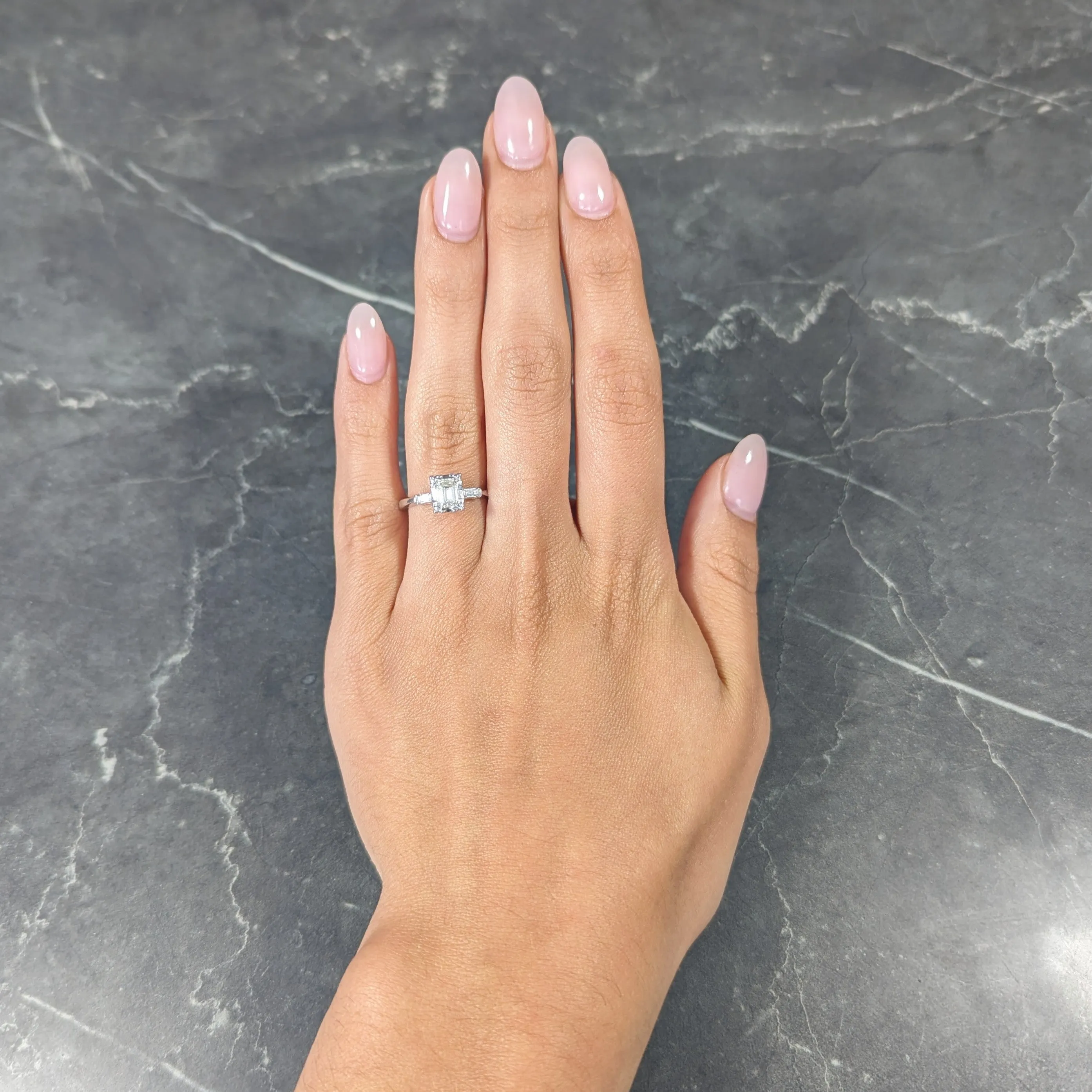 S. Wechter Co. Mid-Century 0.62 CTW Emerald Cut Diamond 14 Karat White Gold Three Stone Vintage Engagement Ring
