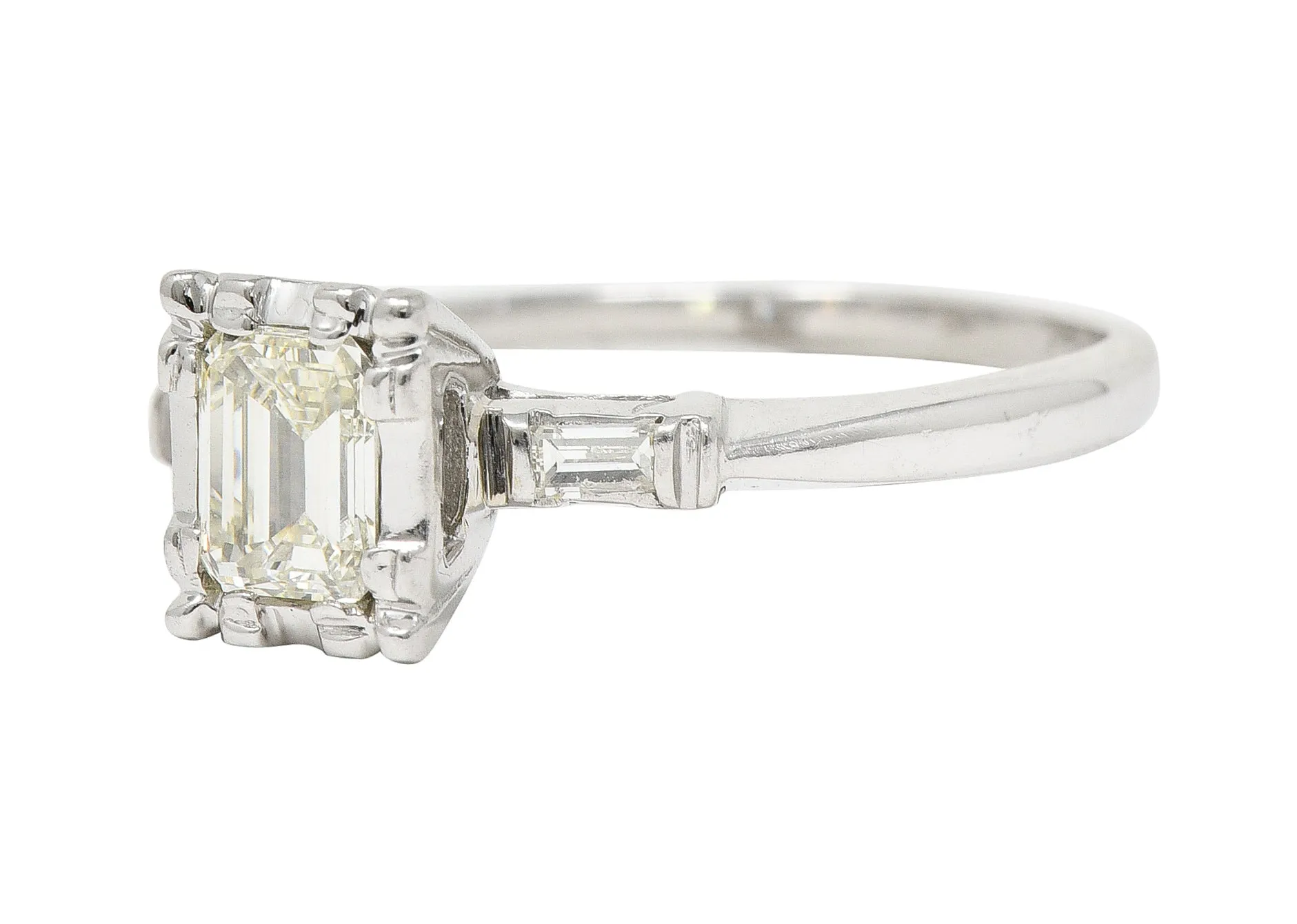 S. Wechter Co. Mid-Century 0.62 CTW Emerald Cut Diamond 14 Karat White Gold Three Stone Vintage Engagement Ring