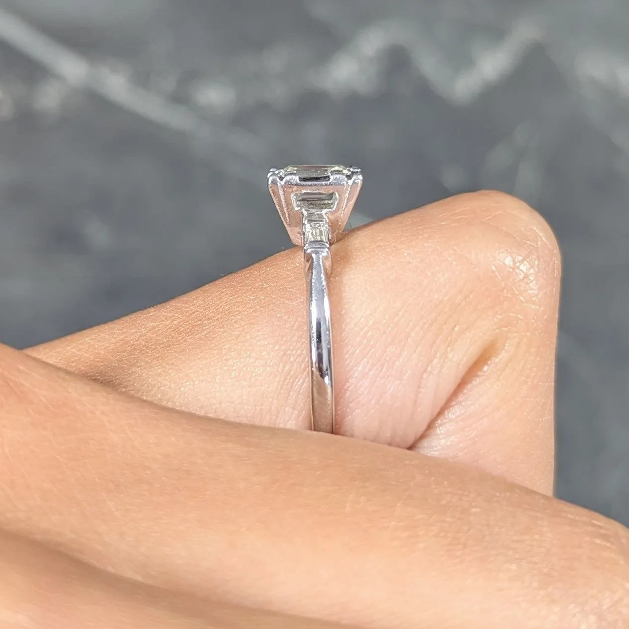S. Wechter Co. Mid-Century 0.62 CTW Emerald Cut Diamond 14 Karat White Gold Three Stone Vintage Engagement Ring
