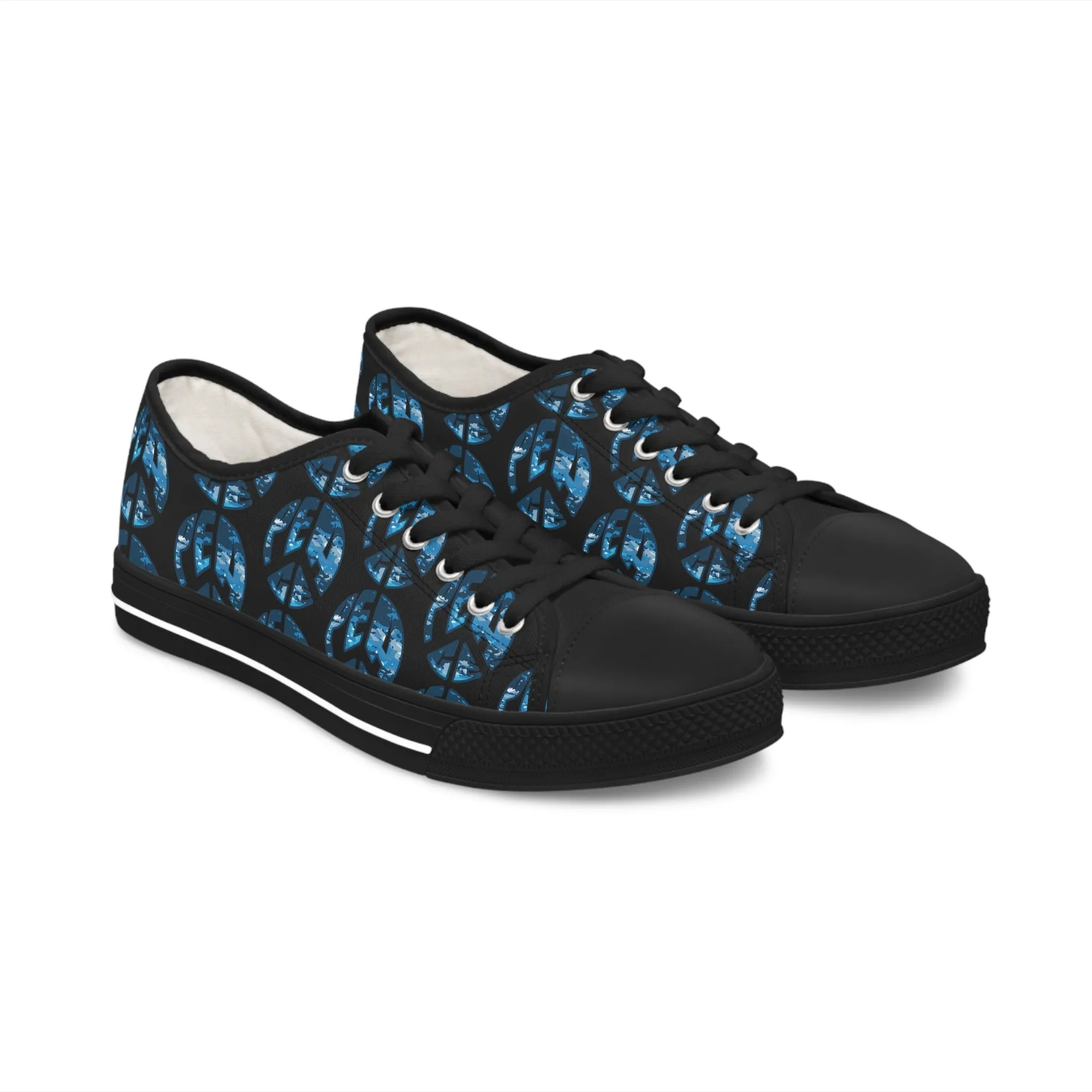 Shoes of Peace - Women's Low Top Sneakers (Blue Camo Peace Design)
