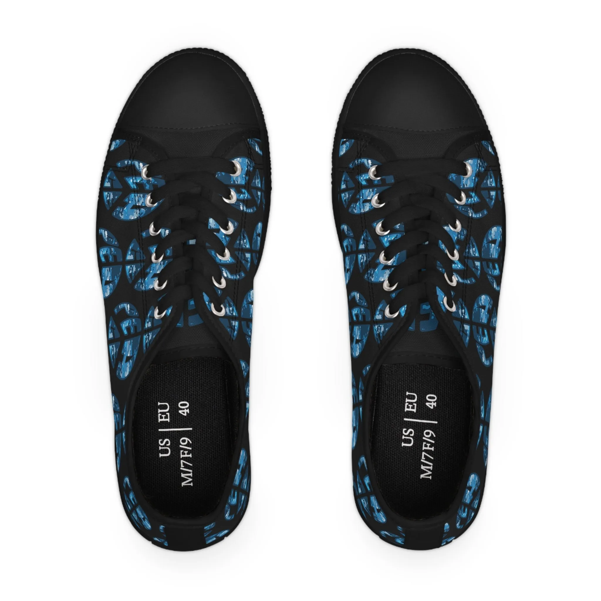 Shoes of Peace - Women's Low Top Sneakers (Blue Camo Peace Design)