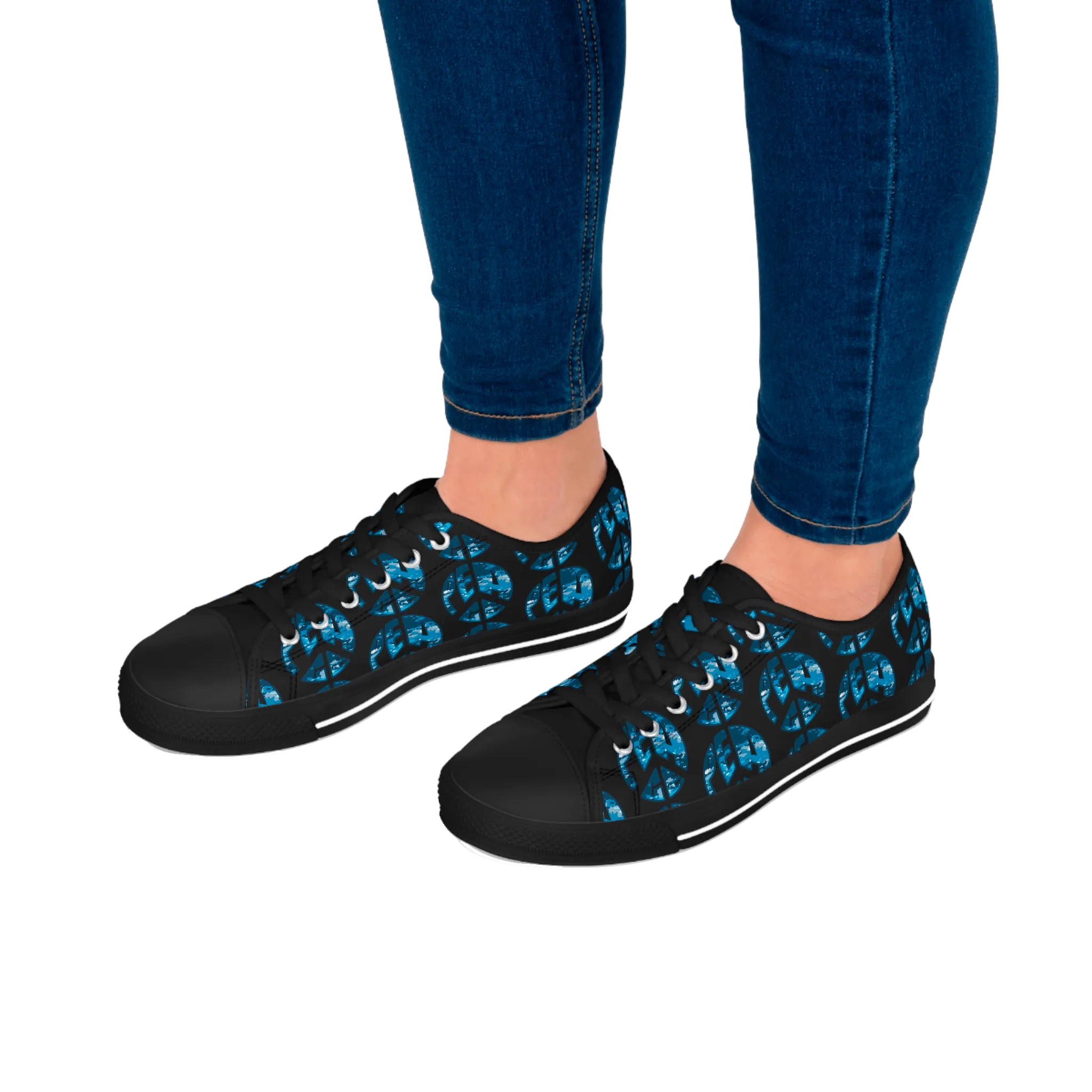Shoes of Peace - Women's Low Top Sneakers (Blue Camo Peace Design)