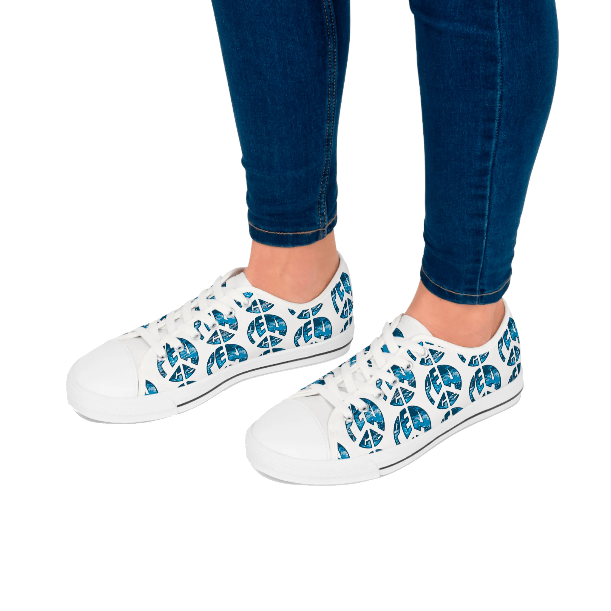 Shoes of Peace - Women's Low Top Sneakers (Blue Camo Peace Design)