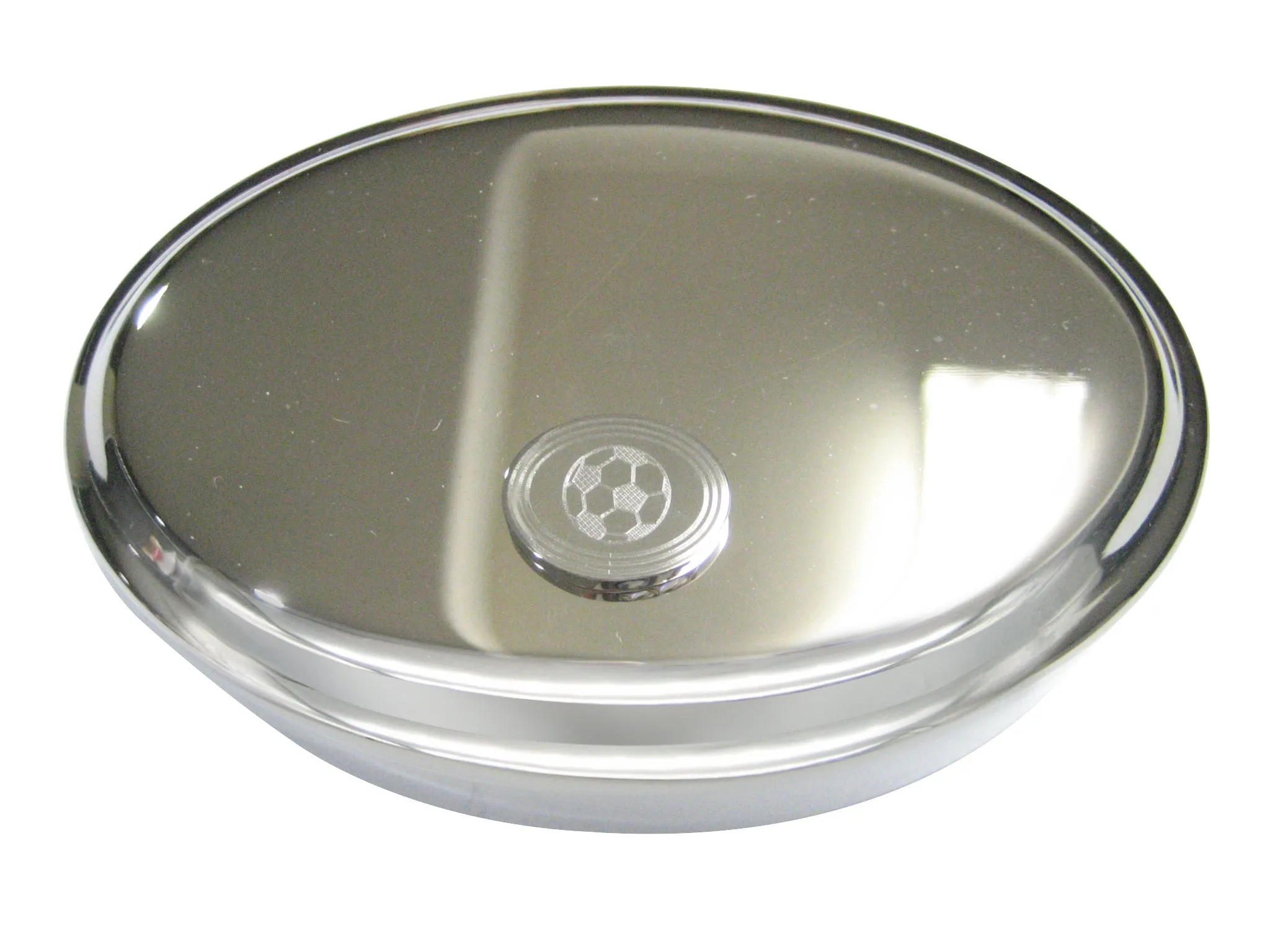 Silver Toned Etched Oval Soccer Ball Oval Trinket Jewelry Box