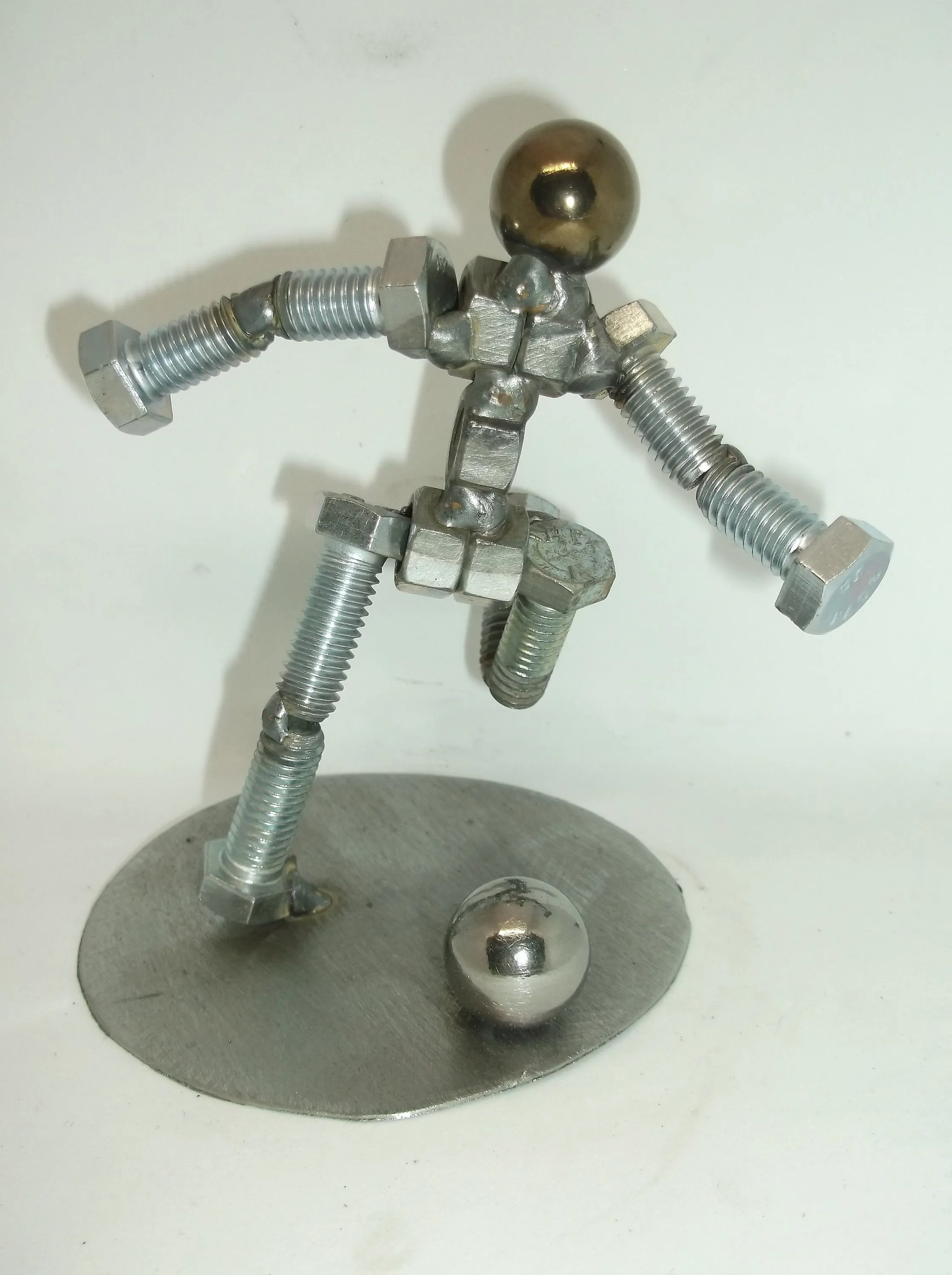 Soccer Player Metal Bolt Figurine, Kick shot athlete, Upcycled Metal Art