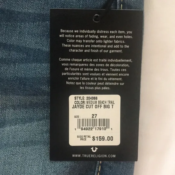 True Religion Jayde Mid-Rise Big-T Jean Shirts 27