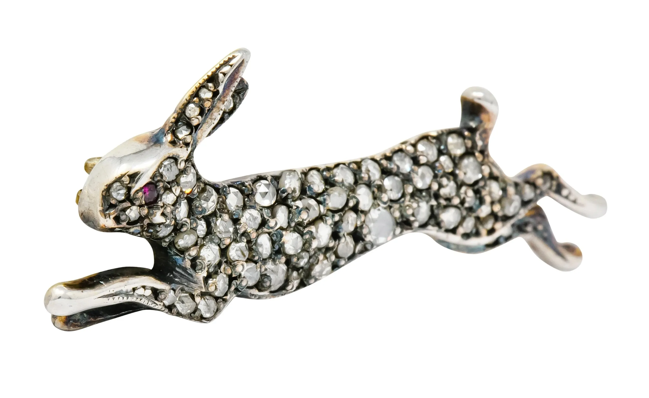 Victorian Rose Cut Diamond Silver-Topped Leaping Rabbit Hare Brooch