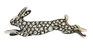 Victorian Rose Cut Diamond Silver-Topped Leaping Rabbit Hare Brooch