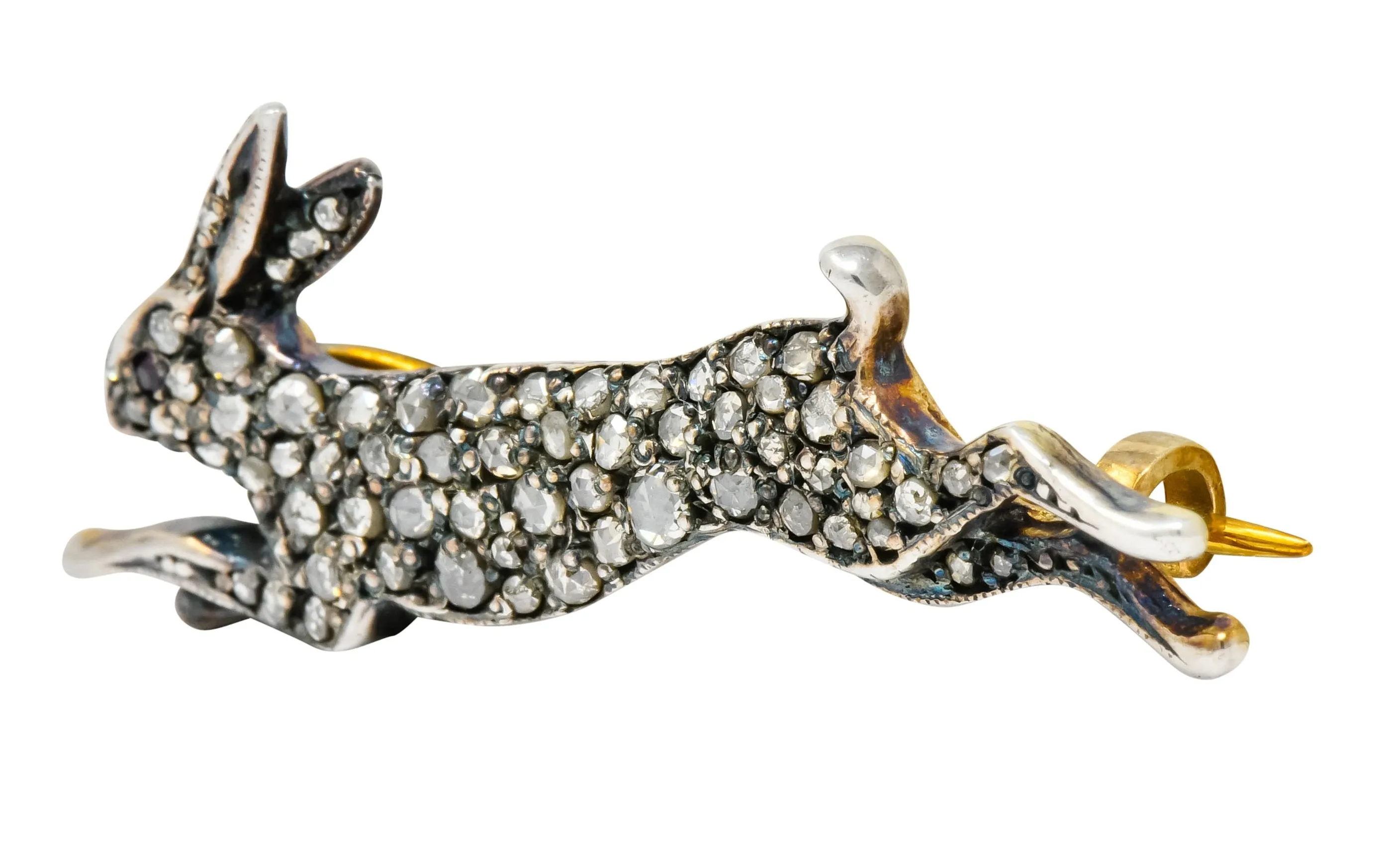 Victorian Rose Cut Diamond Silver-Topped Leaping Rabbit Hare Brooch