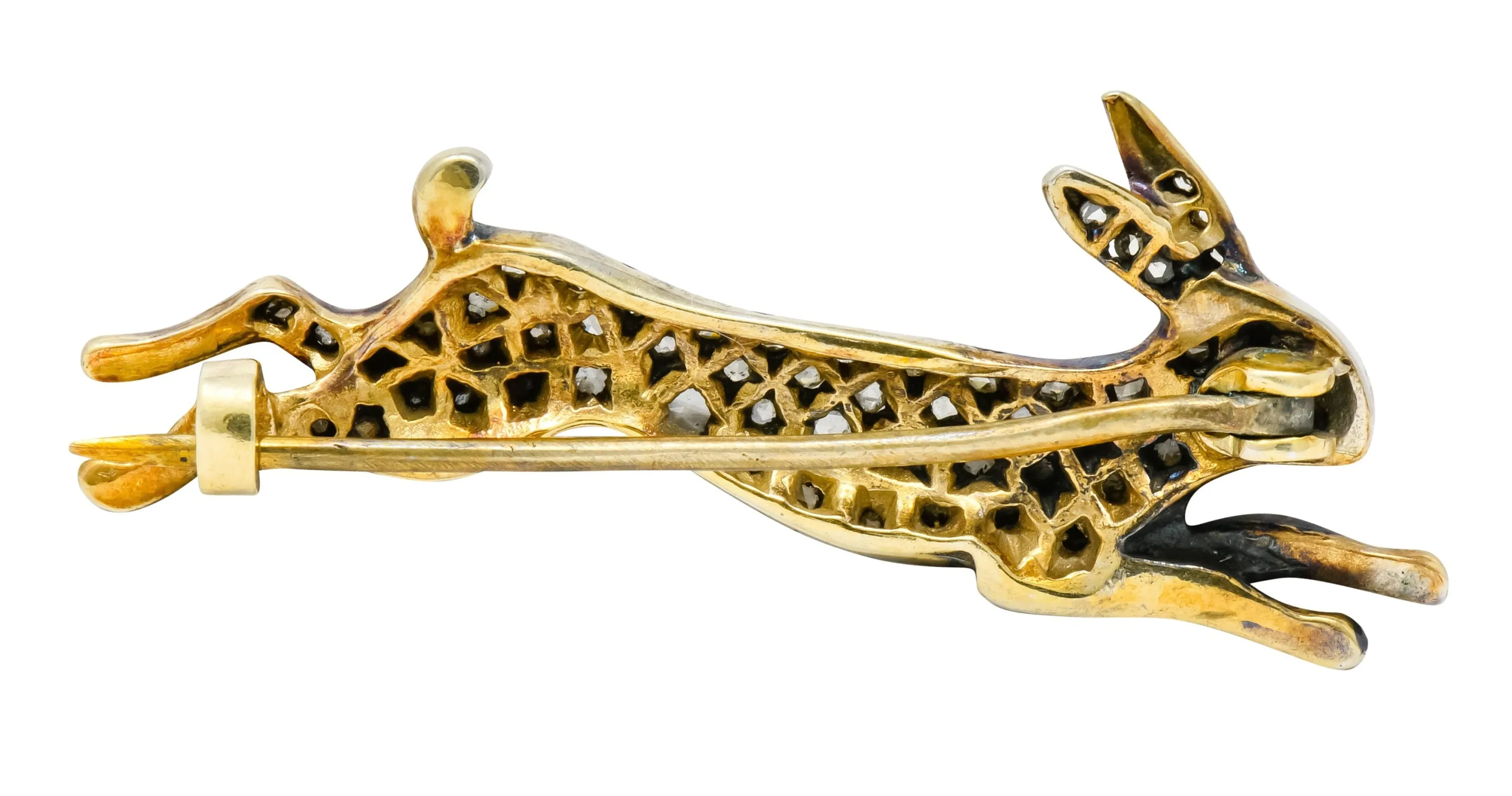 Victorian Rose Cut Diamond Silver-Topped Leaping Rabbit Hare Brooch