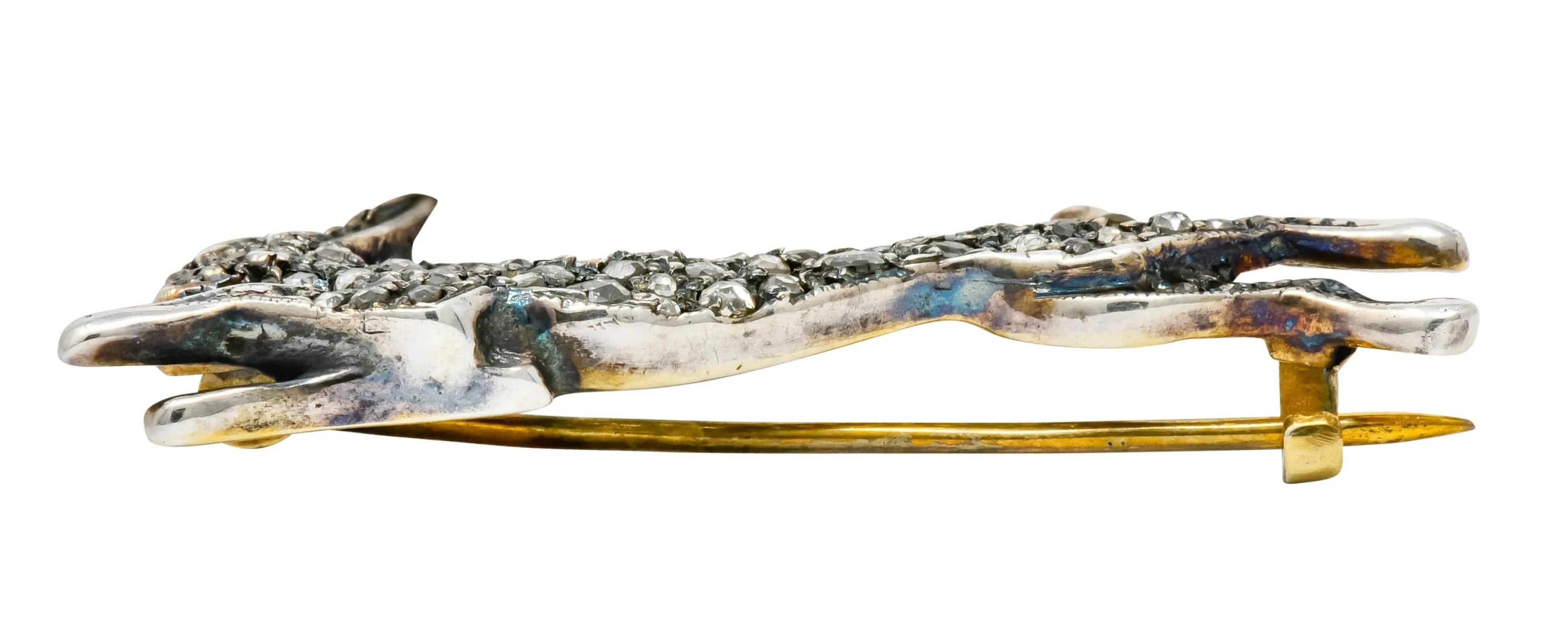 Victorian Rose Cut Diamond Silver-Topped Leaping Rabbit Hare Brooch