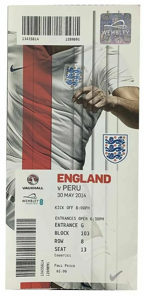 Wayne Rooney Game Used 2014 International Shirt and Ticket Authentic Team LOA