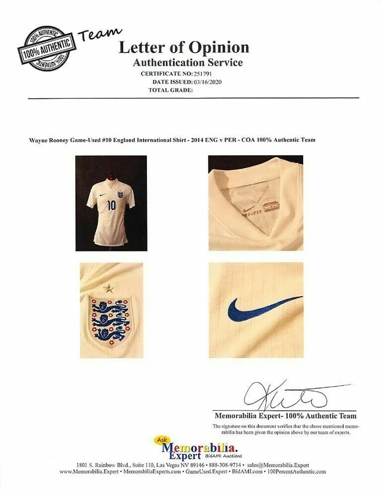 Wayne Rooney Game Used 2014 International Shirt and Ticket Authentic Team LOA