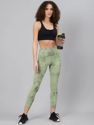 Women's Green & Black Tie & Dye Printed Quick Dry Cropped Training Tights