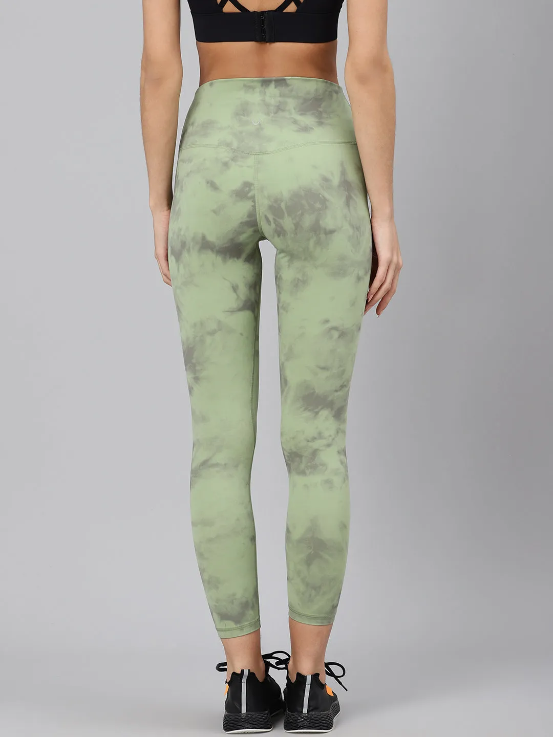 Women's Green & Black Tie & Dye Printed Quick Dry Cropped Training Tights