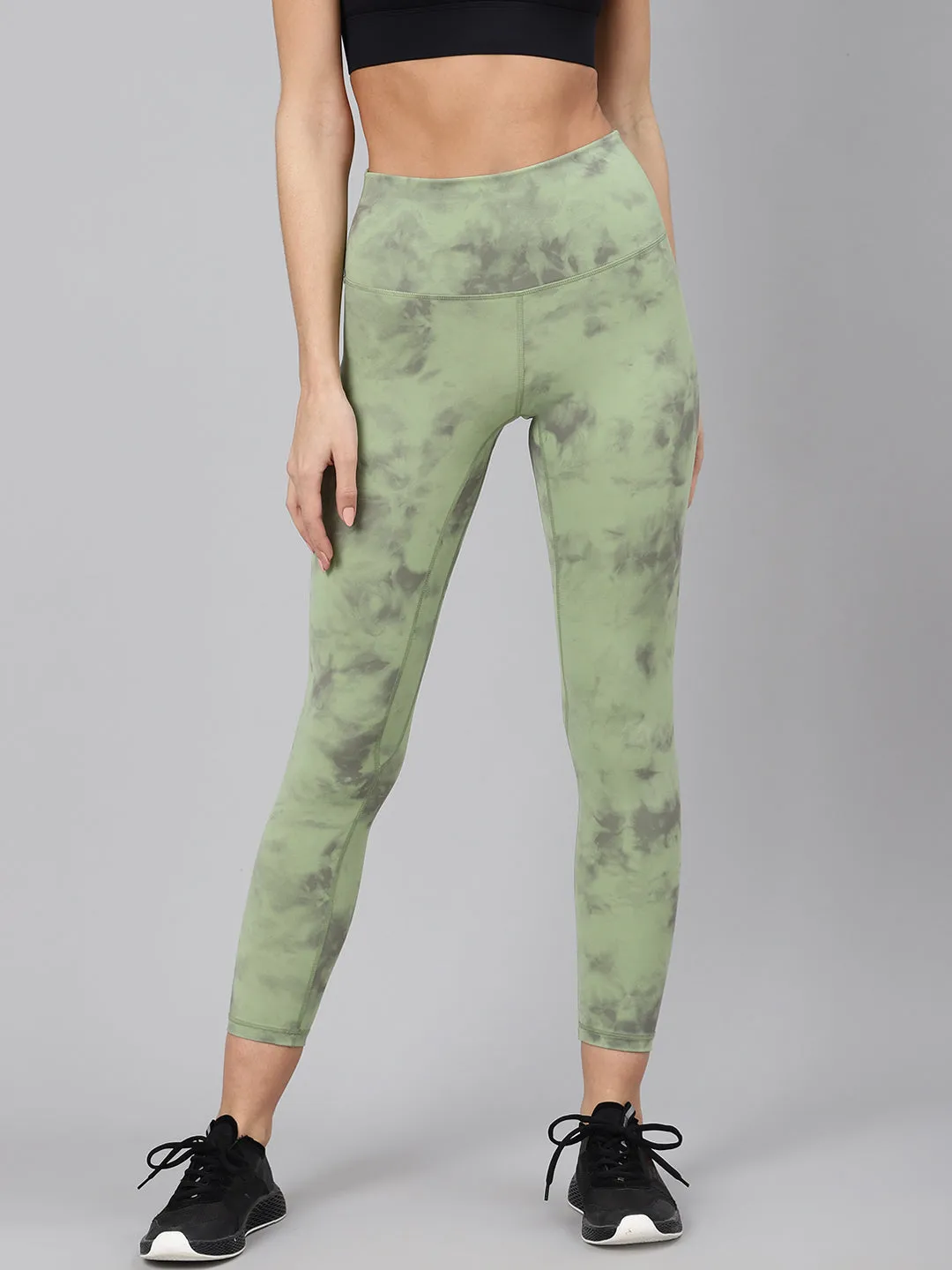 Women's Green & Black Tie & Dye Printed Quick Dry Cropped Training Tights